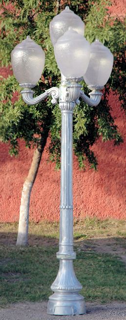 cast aluminum short base victorian lamp post with 3 arms and 4 lights