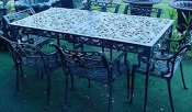 Cast aluminum large Dolphin patio set, model A-5114.6, rectangular table with six chairs